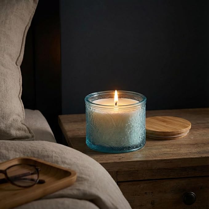 10 oz Blue Mandala Glass Candle Jars with Bamboo Lids, 9 Pack | Patented Embossed Design, Includes Wick Centering Devices & Warning Labels, Multiple Color Options