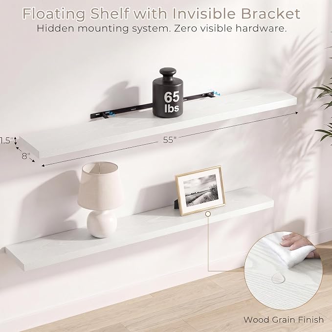 Vivelove Wall Floating Shelves for Display with Invisible Brackets, Long Large Floating Shelves Under TV Over Fireplace Bedroom Living Room Office, 55”X 8”X 1.4", Set of 2 - White