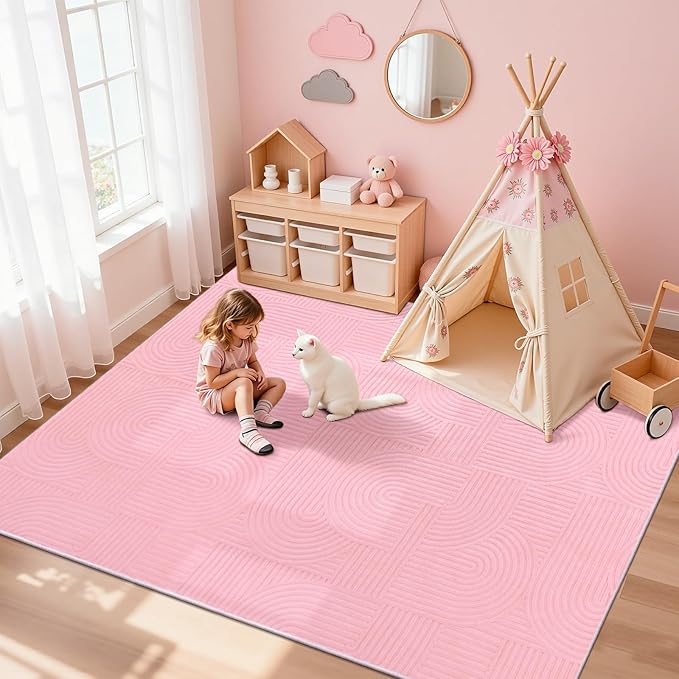 Pauwer Pink Area Rug for Girls Bedroom 6x9 Soft Fluffy Non Slip Machine Washable Rugs Arch Modern Indoor Mat Fuzzy Floor Carpet for Kids Nursery Living Room Dorm Playroom Dining Baby Home Decor