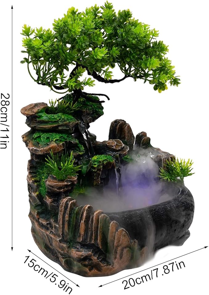 11-Inch Tabletop LED Waterfall Fountain with Atomizer – Quiet Resin Rockery Mist Humidifier for Bedroom, Office, Meditation or Gift Décor