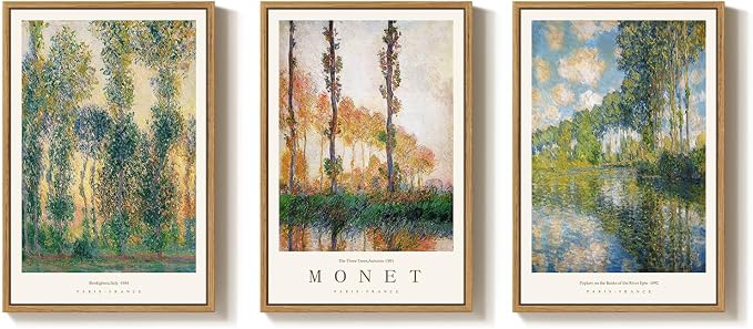 Large Framed Claude Monet Landscape Wall Art for Living Room, 3 Piece Impressionist Vintage Nature Prints Paintings, Green Tree Canvas Pictures Artwork Decor for Bedroom Entryway 16x24 Inch