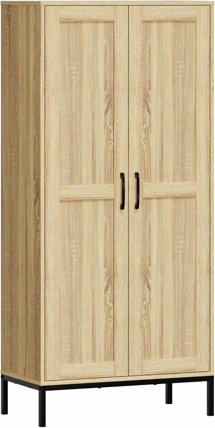 Tall Storage Cabinet, Kitchen Pantry Cabinet with 2 Doors & Adjustable Shelves for Laundry Room, Living Room, Entryway,Bathroom,Natural