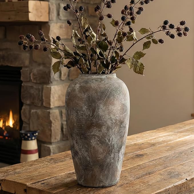 12 Inch Vintage Farmhouse Decor Ceramic Rustic Vase, Handmade Brown Flower Vases for Centerpieces, Living Room & Kitchen Shelf Decorative Pottery Vase for Home Decor