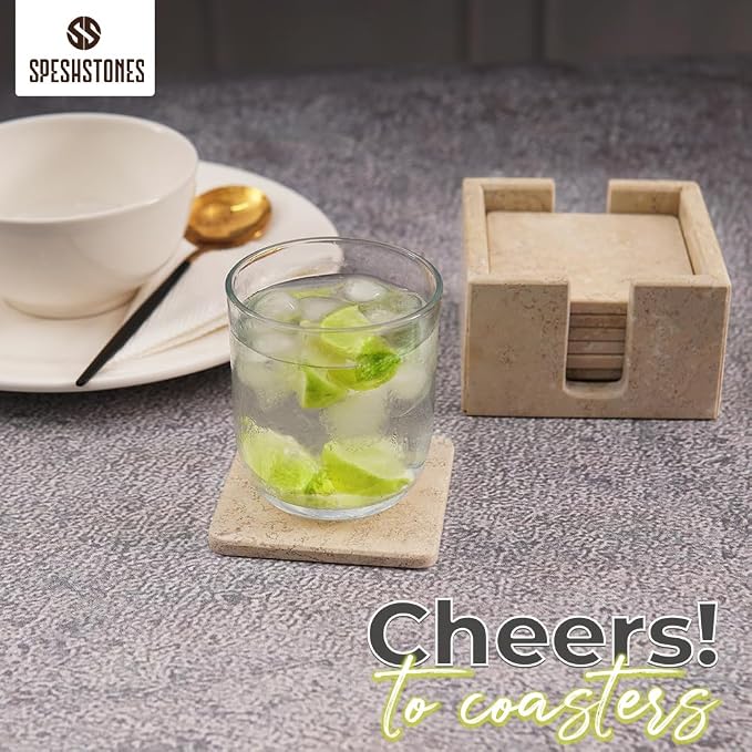 Marble Coasters Set of 6 Square 3.5 Inch Travertine Coaster for Drinks with Holder, Ideal Stone Drink Coasters for Gifts, Dining Table & Home Décor (Travertine Coasters with Holder)