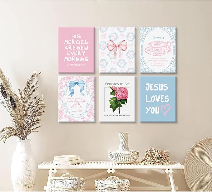 Christian Wall Art Decor Bible Verses Poster Girl Preppy Canvas Room Decor Pink Blue Scripture Wall Art Coquette Floral Bow Aesthetic Prints Trendy Artwork for Girl Bedroom 8x10x6 Inch Wrapped Canvas