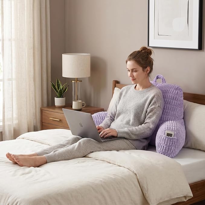 Reading Pillow for Sitting in Bed with Arm,Purple Corduroy,M | Sitting Pillow for Teens Back Support,17" Backrest Pillow Supports Reading,Gaming & Relaxing in Bed,Couch,or Floor