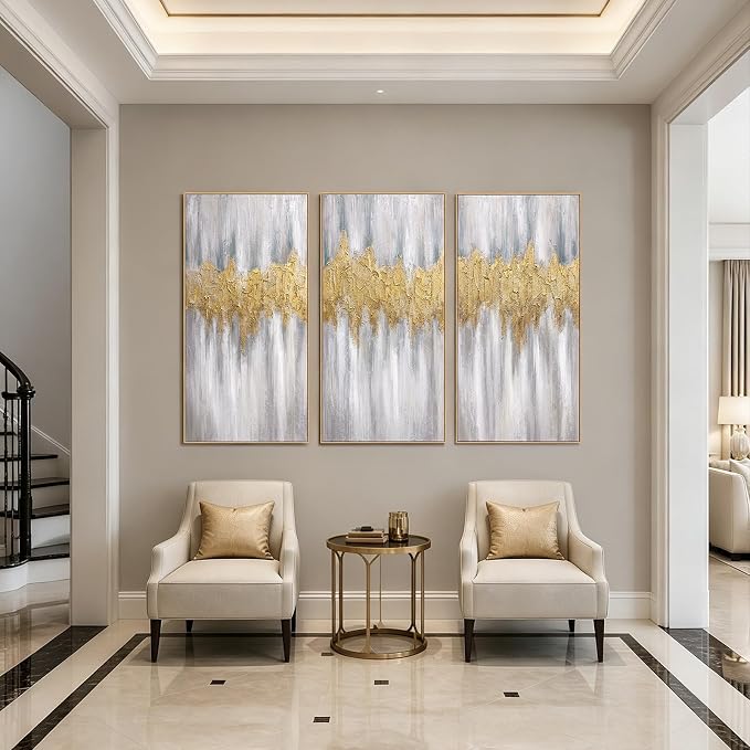 SAFERRYHOME Abstract Hand Painted Wall Art, Large 20"x40"x3 Framed | 3D Textured Framed Gold Wall Decor, Modern Golden Abstract Painting Minimalist Artwork for Home Office Living Room Hallway