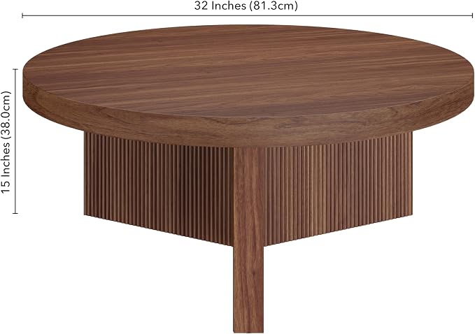 Henn&Hart 36" Fluted Round Low-Profile Coffee Table with Ribbed Pedestal Base Living Room, Family Room, or Office, Medium Walnut