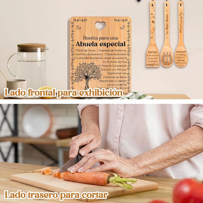 Regalos de cumpleaños para Abuela - "Receta para una Abuela especial". Juego de tablas de cortar y utensilios de bambú grabados. Regalos de cumpleaños para Abuela. Spanish Grandma Cutting Board