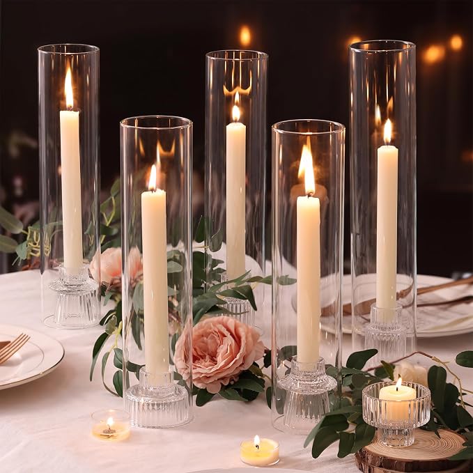 NITIME 9 Set Hurricane Glass Candle Holders for Taper Candles, Candlestick Holders with Windproof Glass Tubes(11.8"/12.6"/13.8" H), Taper Candle Holders for Table Centerpieces, Wedding, Party Decor