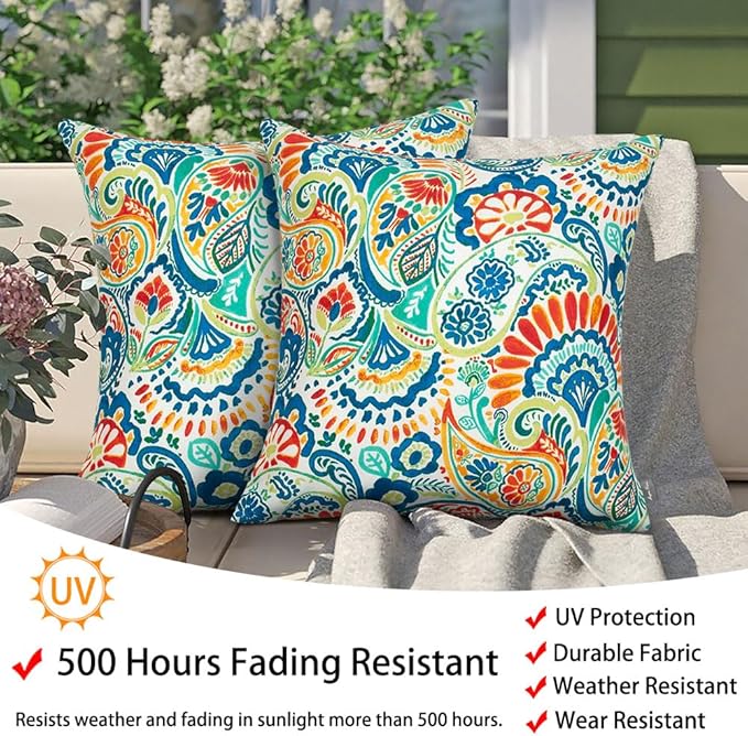 Magpie Fabrics Patio Pillow with Insert 18"x18", Set of 2, Fade-Resistant Outdoor Indoor Cushion Decorative Throw Pillow Decoration for Couch Garden Furniture - Paisley Multi
