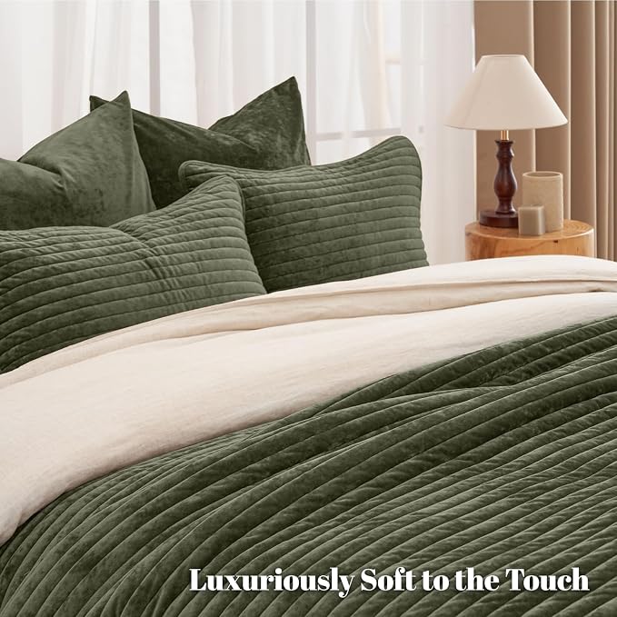 PHF Luxury Velvet Quilt Set Queen Size – 3PCS Ultra Soft Quilted Comforter Alternative with Striped Channel, Cozy Quilted Bedspread, 1 Coverlet with 2 Matching Shams, 90" x 92", Smokey Olive