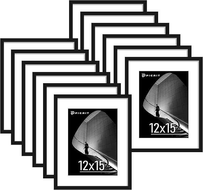 Picrit 12x15 Picture Frame Set of 12, Display 9 x 12 with Mat or 12 x 15 without Mat, Photo Frames for Wall Mounting Display, Black