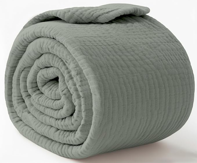 KyraHome 100% Organic Cotton Throw Blanket for Adult, Couch,50"x60" Pre-Washed, Plant Dyed Breathable Lightweight Gauze Summer Muslin Blanket, All Season, Sage Green