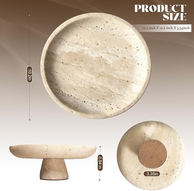 Natural Travertine Fruit Bowl 10.2 Inches with Pedestal Large Decorative Bowl for Kitchen Counter Dining Table Centerpiece and Entryway Decor