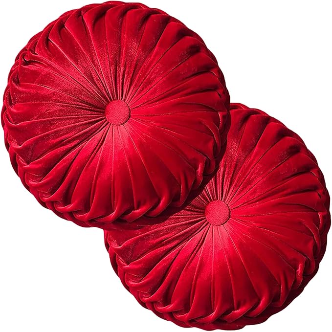 Teieas 2 Pcs Round Throw Pillows Decorative Pumpkin Velvet Boho Pleated Bed Pillows Back Support for Couch Chair Dorm Car 14.96'' (Red)