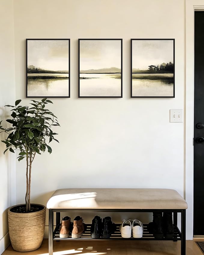 PHOPAGO Abstract Lake Landscape Framed Wall Art Watercolor Nature Wilderness Paints Nordic Neutral Tan Illustration Decorative - 12x16in Black Framed