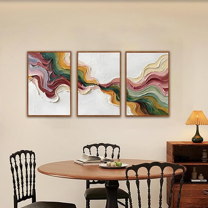 CHDITB 3D Textured Abstract Wave Framed Canvas Wall Art Set, Modern Neutral Earth Tone Picture Flowing Ribbon Wall Decor, Multicolor Minimalist Line Art Prints for Living Room Hallway Home Decor 16"x24"x3