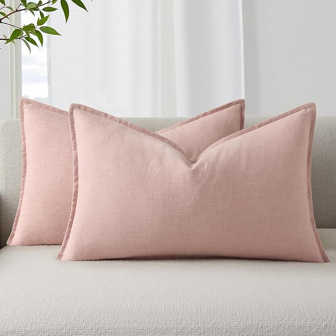 decorUhome Summer Decorative Linen Throw Pillow Covers 12x20 Inch Set of 2 Pink Lumbar Pillow Covers with Flange Edges Soft Farmhouse Boho Accent Pillow Cases for Couch Bed Living Room
