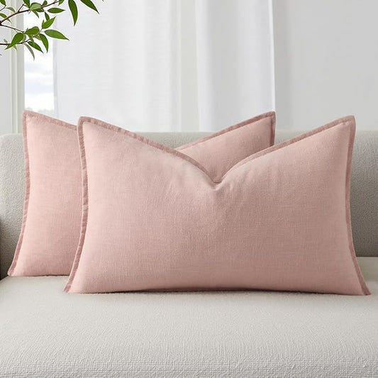 decorUhome Summer Decorative Linen Throw Pillow Covers 12x20 Inch Set of 2 Pink Lumbar Pillow Covers with Flange Edges Soft Farmhouse Boho Accent Pillow Cases for Couch Bed Living Room