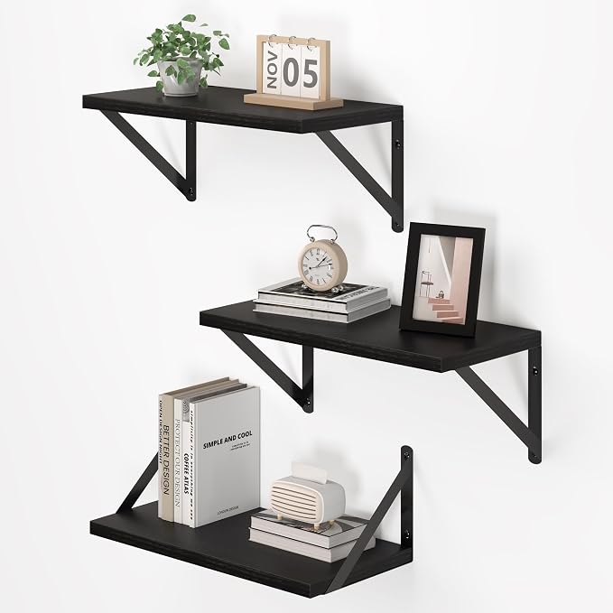 Vivelove Black Deep Floating Shelves for Wall, 16W x 8D Wood Wall Shelves Set of 3, Wide Floating Bookshelf for Living Room, Kitchen, Office, Bedroom and Decor Storage, with Metal Bracket - Black