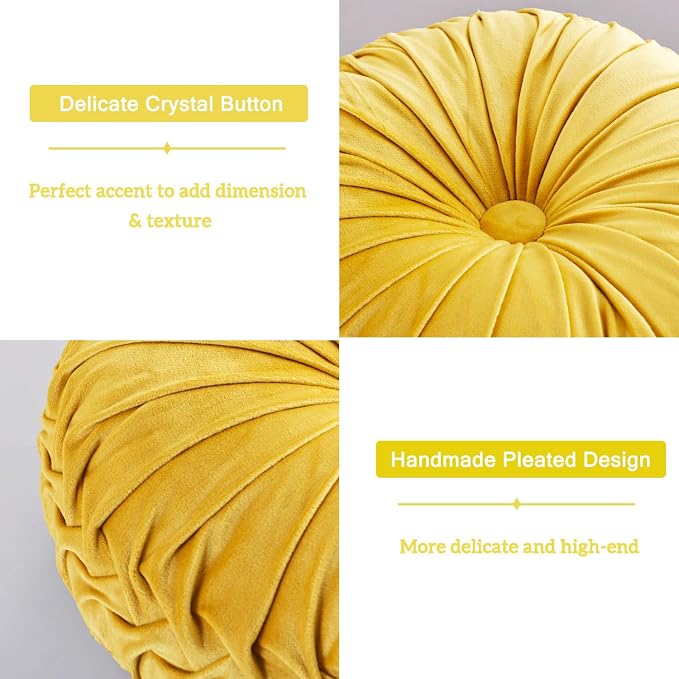 HIG Set of 2 Yellow Ruched Velvet Round Throw Pillows – 14.5’’ Decorative Pillows with Soft Polyester Filling for Couch, Bed, Living Room, Bedroom, or Dorm – Handmade, Stress Relieving, All-Season