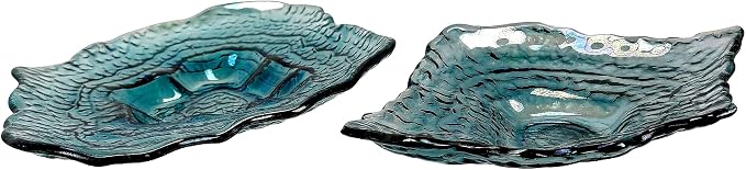 Set of 2 Oyster Shell Decorative Plates, 13 and 10 Inch Sea Blue Glass | Two Sizes for Layered Display, Wavy Uneven Rims, Glossy Finish Shifts Green, Purple, And Smoky Tones