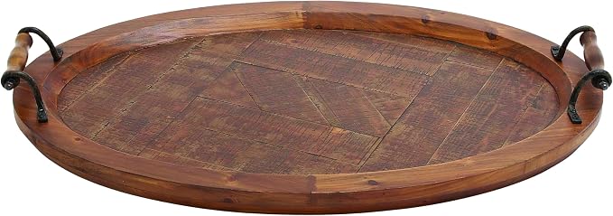 Deco 79 Wood Living Room Decor Tray Large Oval Ottoman Tray with Scroll Metal Handles, Serving Tray 29" x 19" x 4", Brown | Living Room Decor Large Oval Ottoman Tray With Scroll Metal Handles Serving Tray
