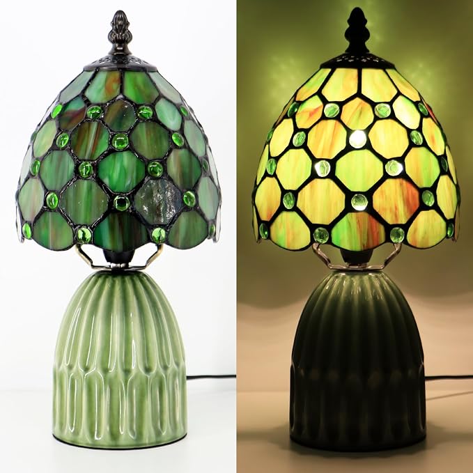 Tiffany Stained Glass Mushroom Table Lamp 12.5 Inch -Brownish Green | Tiffany Lamp,6X6X12.5 Inch,Small Night Light,Ceramic Base, Mini Accent Light Suitable,Bedside,Bedroom, Children Room,Antique