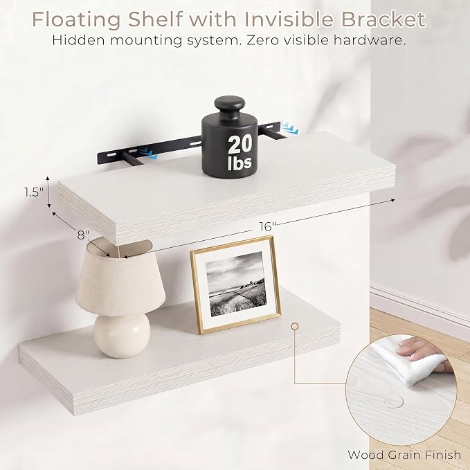 Vivelove Wall Floating Shelves for Display with Invisible Brackets,16 Inch Floating Shelf for Bathroom Bedroom Living Room Kitchen Office, 16" X 8" X 1.4", Set of 2 - White