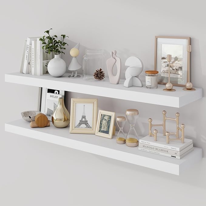 Acovy 40 Inch Floating Shelves, 9.3" Deep Floating Shelf Wall Mounted, 40" Wall Shelves, Rustic Deep Bookshelf, Large Display Shelves & Storage Shelves for Bedroom, Living Room, White, Set of 2