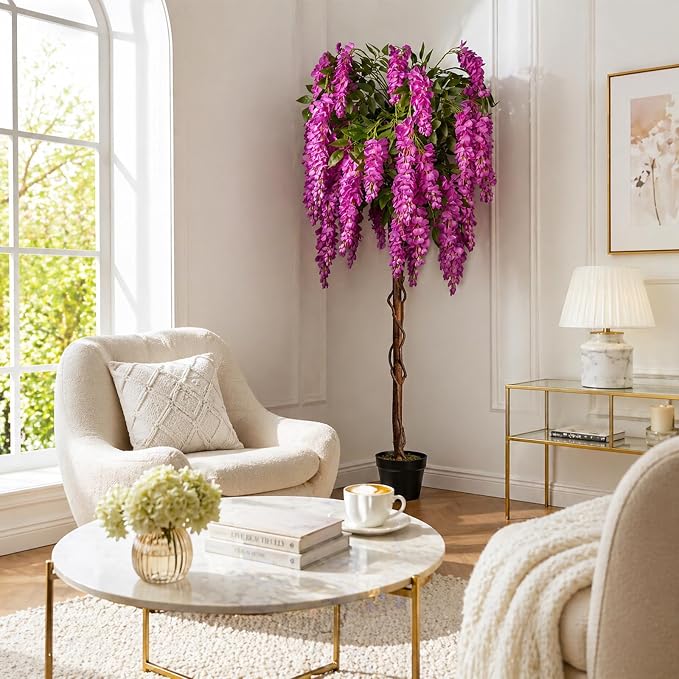 5ft Artificial Wisteria Tree, Fake Tree with Firmly Attached Blooms for Less Shedding, Faux Trees Indoor Outdoor Home Office Living Room Decor, Potted Floor Plant