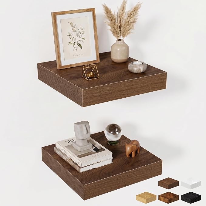 Fun Memories Floating Shelves for Wall 12 Inch, 12 Inch Deep Square Wall Shelves, Bathroom Storage Shelves Over Toilet, Wood Floating Shelves for Living Room Bedroom, Walnut, Set of 2