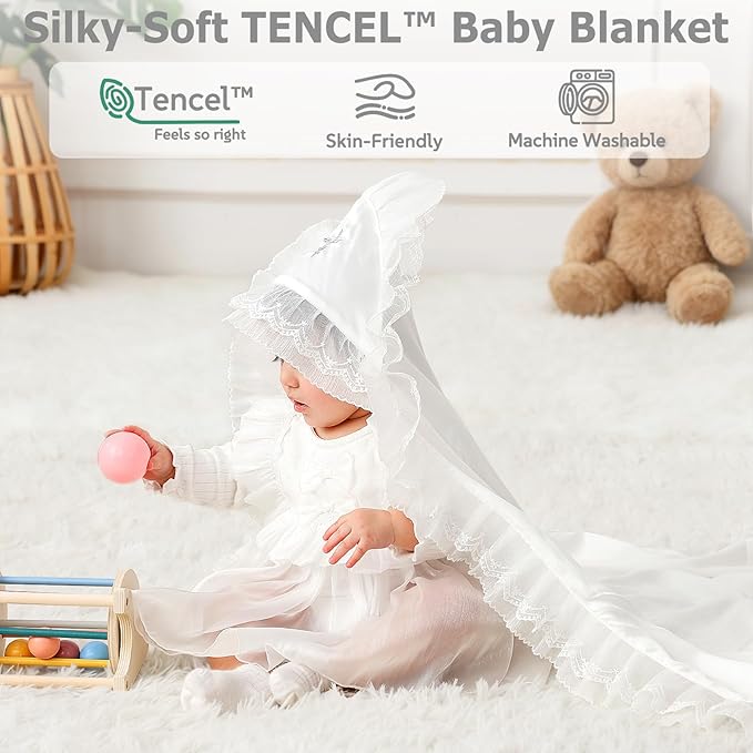 Tencel Baby Baptism Blanket with Hood-Silky Soft Christening Blanket for Boys & Girls, Breathable Tencel Fabric, 39.4×39.4 in, Elegant Gift Box, Perfect for Photography &Gift