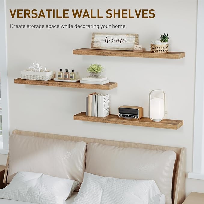 RALGEND Floating Shelves for Wall, 39.4" Long Wall Shelf Set of 3 with Invisible Bracket, 1.5" Thick Hanging Shelves Farmhouse Home Decor for Bathroom, Living Room, Bedroom Rustic Brown 10301BJP3BF