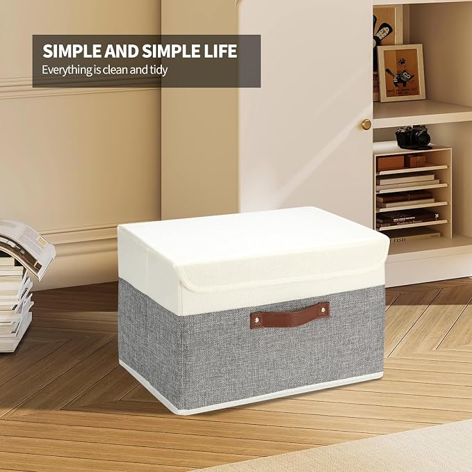 SAMORADREA 8 Pack Storage Bins Foldable Storage Boxes Fabric Storage Box with Lid & Handle Large Washable Organizer Bulk for Office, Home, Books, Clothes, Bedroom, Closet, (15INx10INx10IN White/Grey)