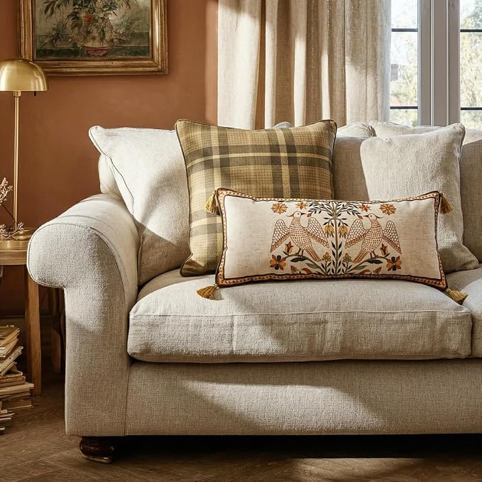 bilin gaier Designer French Linen Throw Pillow Cover,28"x12"-Seville A | Vintage Elegant Rectangular Pillow Cover,Concealed Zipper,Floral and Bird Pattern,Sofas,Bedroom,Living Room,Chairs