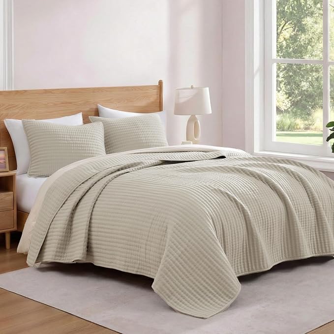 WRENSONGE Queen Quilt-3 Pieces Neutral Lightweight Bedspreads Light Oatmeal Queen Size Quilt Bedding Set for All Seasons, Soft Summer Coverlet with 2 Pillow Shams Suitable for Bed & Couch