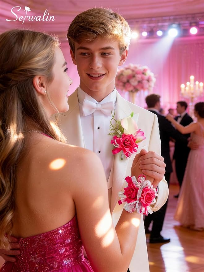 Serwalin Hot Pink Prom Corsage and Boutonniere Set, Artificial Calla Lily & Rose Wrist Corsage Wristlet for Homecoming, Formal Dance, Wedding Flowers Accessories Party Suit Decorations