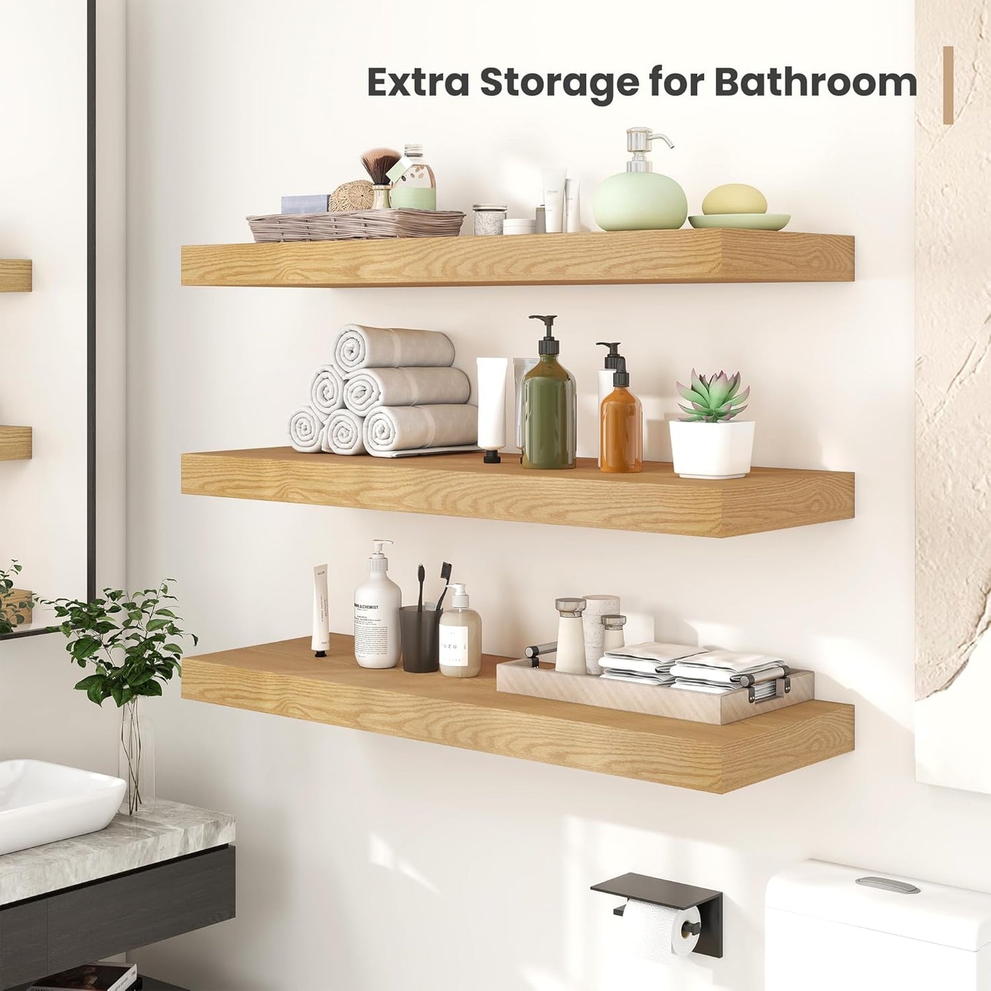 Heimlove 12 Inch Deep Floating Shelves, 48 x 12 inches Long Wall Shelf, Large Display Shelf & Storage Shelf, Rustic Wood Wall Shelves for Fireplace Mantel, Set of 2(Oak)