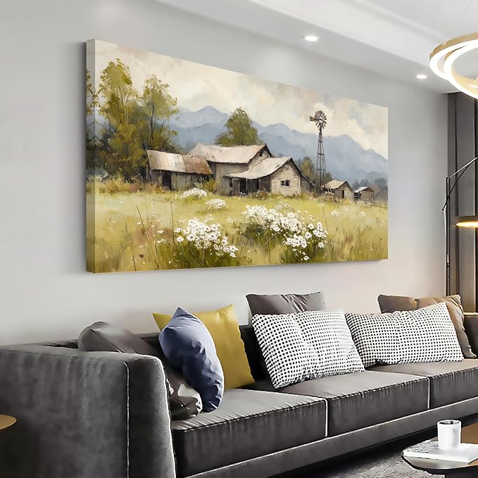 Ggaafet Rural House Wall Art for Bedroom Canvas Oil Painting Prints Beautiful Countryside Tranquility Cabin Landscape Art Deco Retro Rustic Artwork Office Farmhouse Dining Room Decor