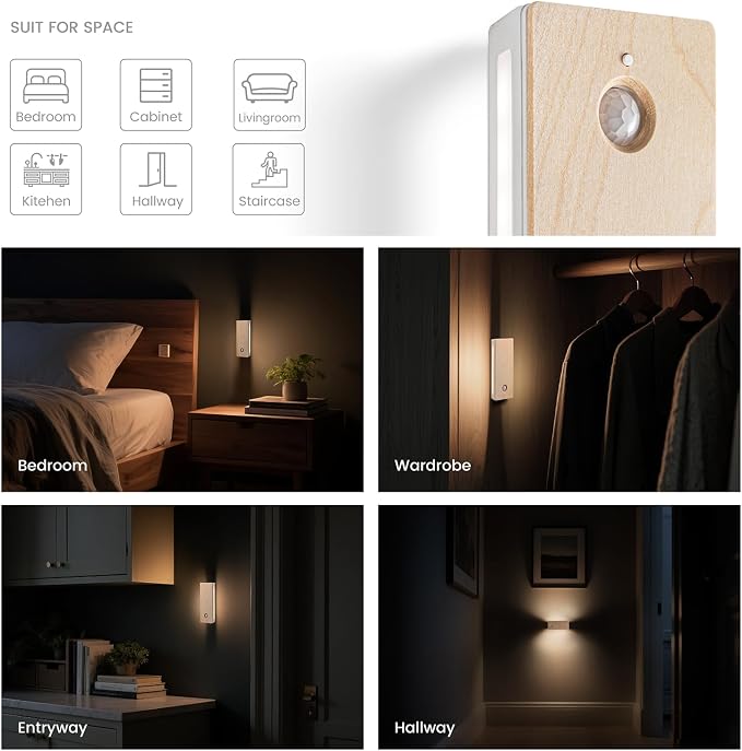 Rechargeable Motion Sensor Night Light, Mini Stick-on Anywhere Night Light, Soft Two-Sided Glow, Magnetic, 3CCT Wireless Lights for Bedroom, Hallway, Closet, Kitchen, Stairs