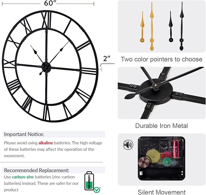 Large Wall Clock for Living Room Decor – 60 Inch Knocked-Down (KD) Silent Non-Ticking Modern Farmhouse Wall Clock, Oversized Decorative Metal Roman Numeral Clock (Pure Black, 60 Inch)