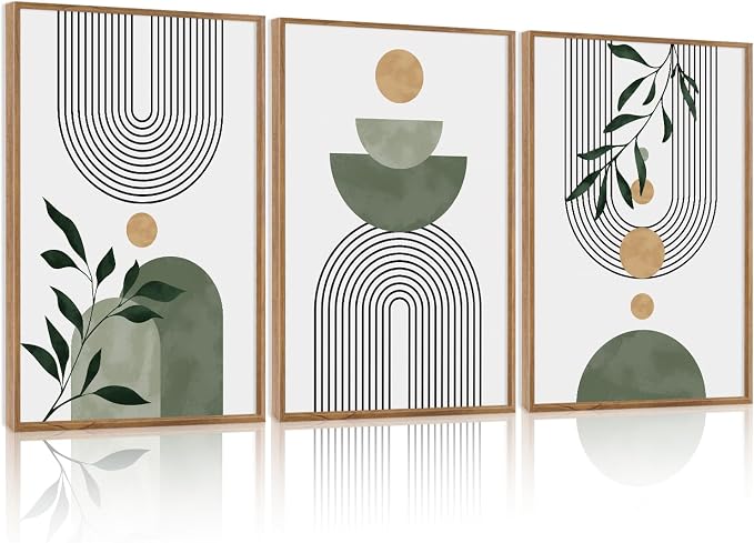 TOARTi Large Framed Boho Botanical Canvas Wall Art Set, Abstract Bohemian Sage Green Wall Decor, Mid Century Modern Neutral Geometric Leaf Art Prints for Living Room Bedroom Office-16”x24”x3