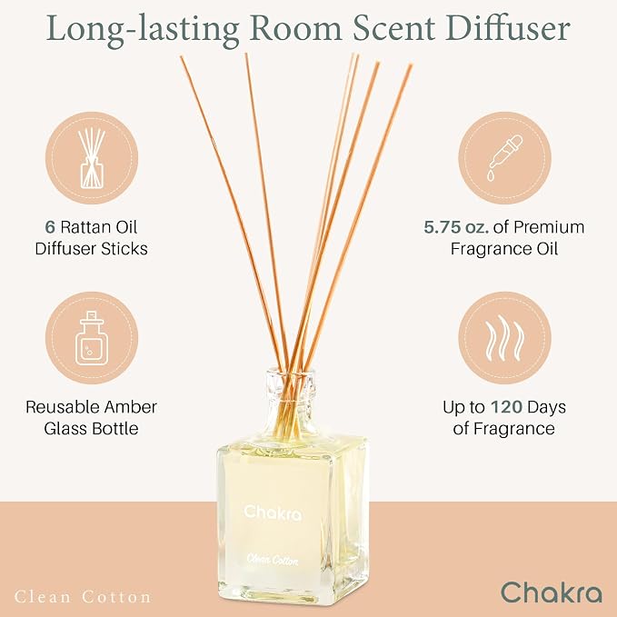Chakra Reed Diffuser Set - Reed Diffusers for Home, Office and Living Spaces with Long-Lasting Fragrance, Scent Diffuser with Decorative Glass Bottle & Bamboo Sticks, 3.3 fl oz, Clean Cotton