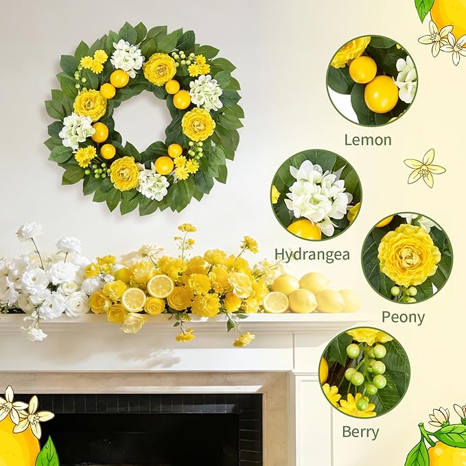 Summer Lemon Wreaths for Front Door, 22 Inch Yellow Summer Wreath Decorations with Peony, Hydrangea, Berries for Farmhouse Porch Wall Window Home Kitchen Decor