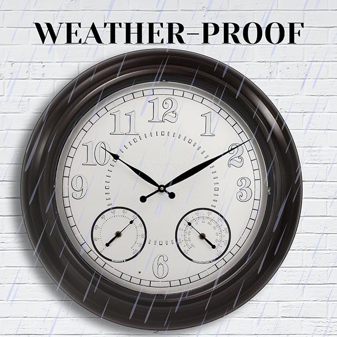 24 inch Illuminated Outdoor Clock for Patio, Waterproof with Thermometer - Large Night Light Wall Clock with Smart LED Sensor, Temperature and Humidity - Weatherproof & Easy to Read for Patio & Home