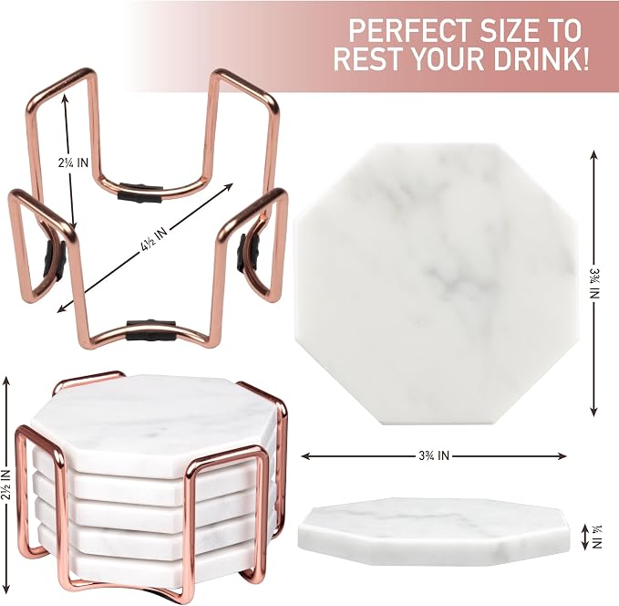 White Carrara Marble Coasters & Rose Gold Coaster Holder (Set of 5)- Durable, Thick Coasters - Protects Any Table Type & Fits Any Coffee Mug, Drinking Glass, Barware - Great Wedding