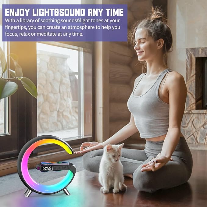 Smart LED Table Lamp, 4-in-1 Wireless Charger, Night Light, Alarm Clock, and Bluetooth Speaker with App Control for Bedroom, Office, and Home Decor (Black)
