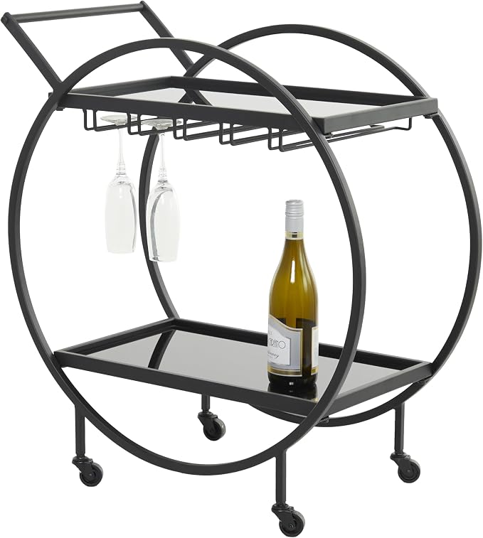 Deco 79 Metal Rolling 2 Mirrored Shelves Bar Cart with Wine Glass Storage and Handle, 28" x 14" x 31", Black